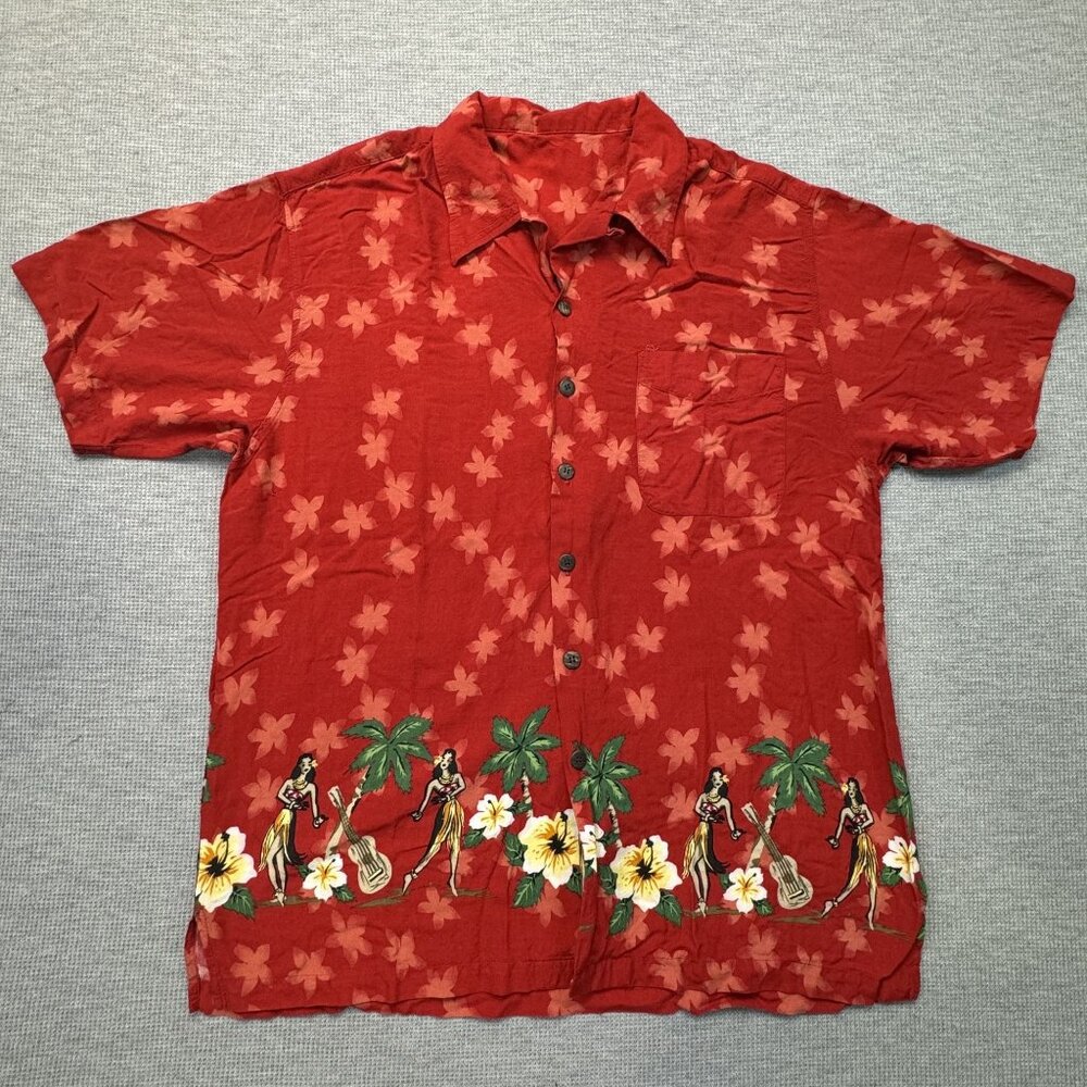 Vintage Hawaiian Button-Up Shirt Hula Girl Dancers Hibiscus Ukulele Red Sz XL?